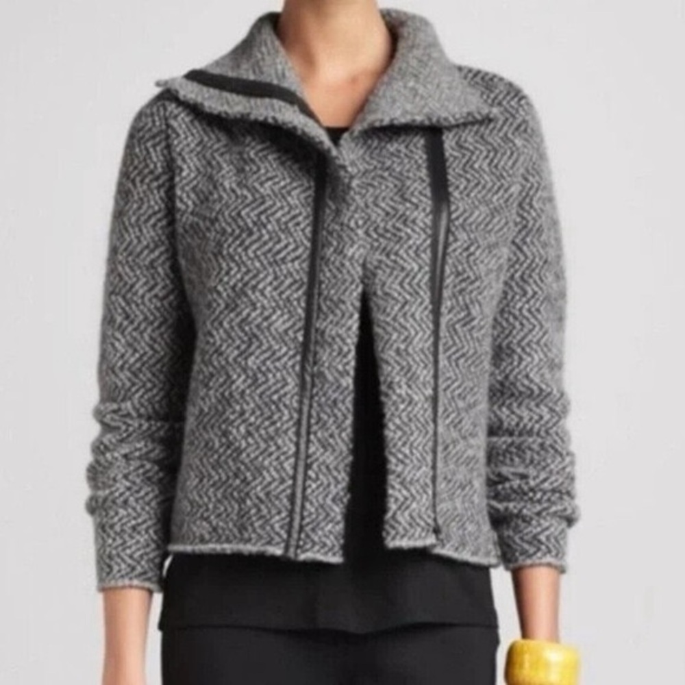 Eileen Fisher Italian Yarn Wool Alpaca Herringbone Zip Jacket Leather Trim Small